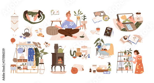 Home hobbies, pastime, pleasures set. Recreation activities, pleasant leisure, homey rest. Cozy hygge stuff for indoor relaxation. Flat graphic vector illustrations isolated on white background photo
