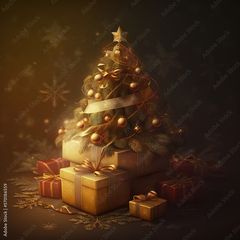 Merry Christmas and Happy New Year festive 3d composition with realistic Christmas trees, gifts box in snow drift, golden confetti. Xmas background winter nature, Holiday design. Generative AI