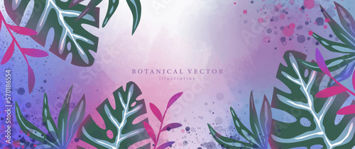 Bright botanical vector illustration with monstera leaves, fern, palm leaves in turquoise purple tones for decor, covers, wallpapers