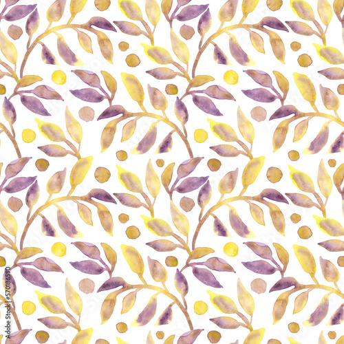 Watercolors yellow and purple leaves seamless pattern. Hand drawn floral. On white background.