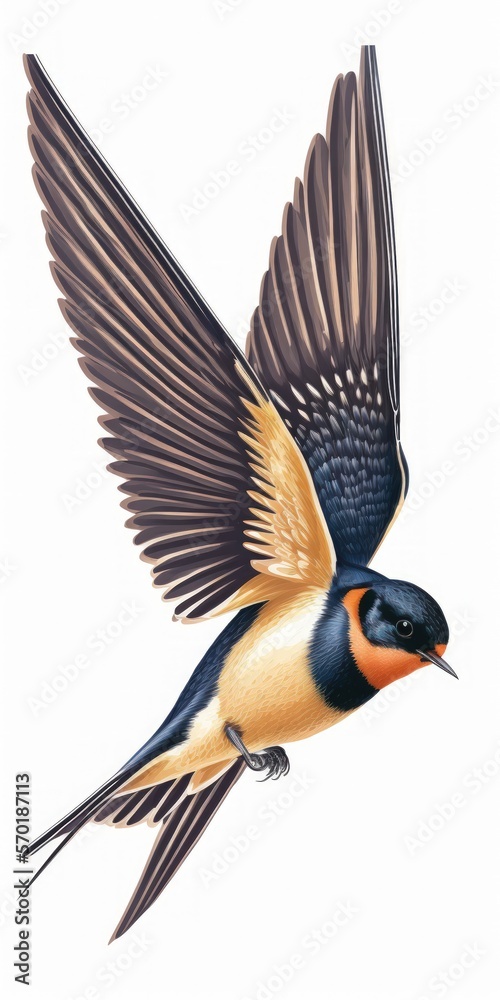 Obraz premium Barn Swallow Flying wings spread, bird, Hirundo rustica, flying against white background. Generative AI