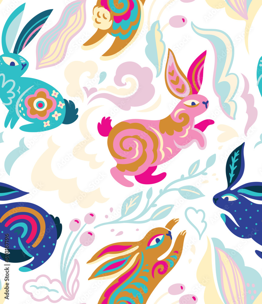 Seamless vector pattern with silhouettes of rabbits with leaves and oriental motifs. Vector illustration Seamless vector pattern with silhouettes of rabbits with leaves and oriental motifs. Vector illustration