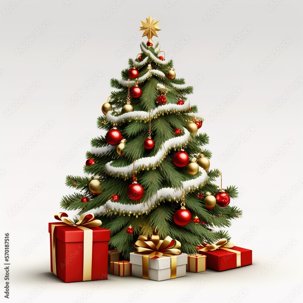 Merry Christmas and Happy New Year festive 3d composition with realistic Christmas trees, gifts box in snow drift, golden confetti. Xmas background winter nature, Holiday design. Generative AI Merry Christmas and Happy New Year festive 3d composition with realistic Christmas trees, gifts box in snow drift, golden confetti. Xmas background winter nature, Holiday design. Generative AI