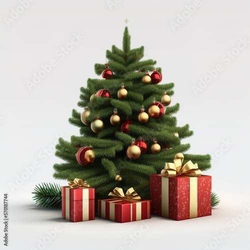 Merry Christmas and Happy New Year festive 3d composition with realistic Christmas trees, gifts box in snow drift, golden confetti. Xmas background winter nature, Holiday design. Generative AI