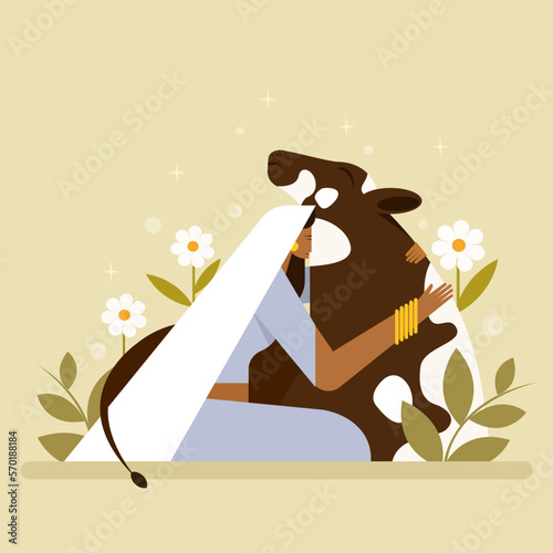Illustration of an Indian woman hugging a cow with affection