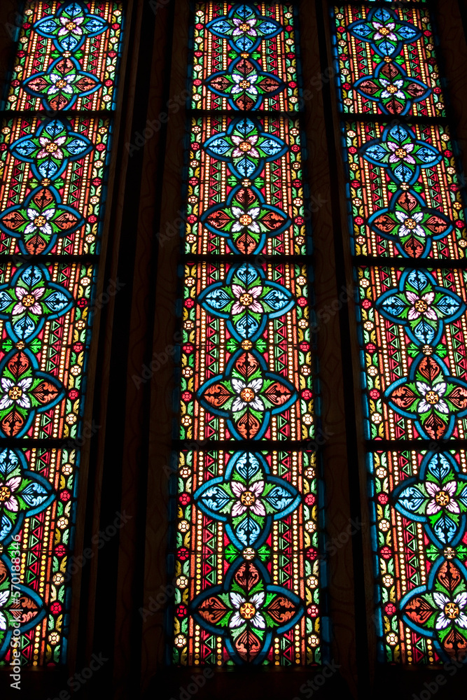 View of stained glass window in Mathias Church, Budapest, Hungary View of stained glass window in Mathias Church, Budapest, Hungary