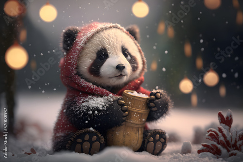 Portrait d'un bébé panda sous la neige le jour de noël » IA générative