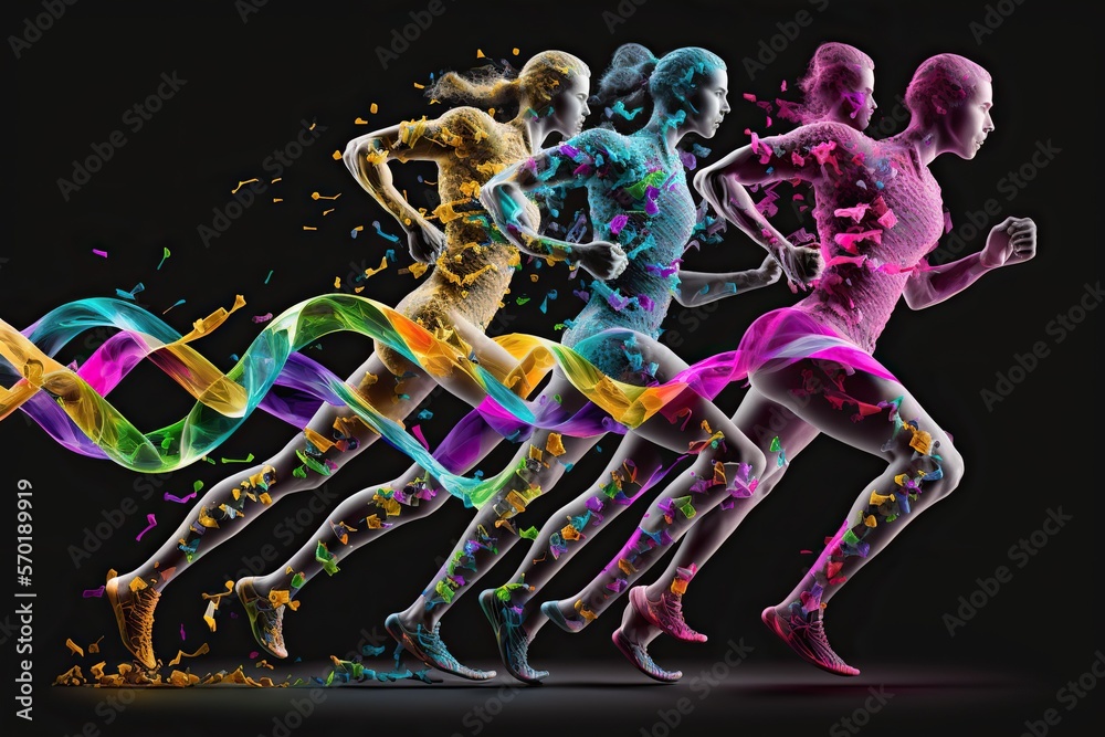 DNA helixes people run a hundred meters, concept of GMO, sport science, Molecular Biology and Genome Mapping, created with Generative AI technology DNA helixes people run a hundred meters, concept of GMO, sport science, Molecular Biology and Genome Mapping, created with Generative AI technology