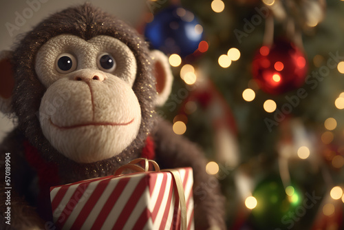 Portrait d'une peluche de singe au pied du sapin de noël avec les cadeaux » IA générative