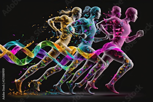 DNA helixes people run a hundred meters, concept of GMO, sport science, Molecular Biology and Genome Mapping, created with Generative AI technology
