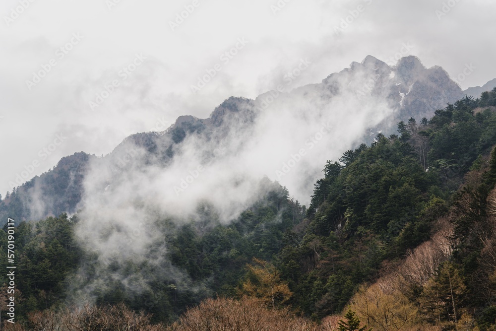 Mist rolling down the Japanese Alps in Tateyama, Chubu Province, Japan. Autumn feel. No People.