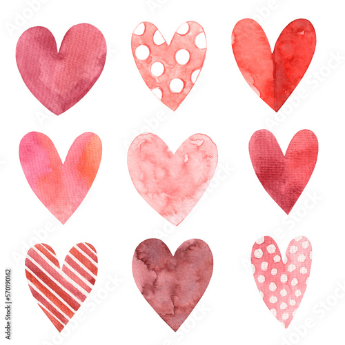 Collection of hand drawn watercolor hearts. Red and pink colors. Symbol of love. Valentine s Day.