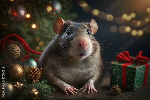 Portrait d'un rat au pied du sapin de noël avec les cadeaux » IA générative © Maelgoa