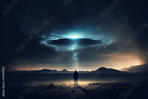 Flying saucer flies at night in sky oversilhouette of man standing in field. Invasion of extraterrestrial intelligence on an intergalactic ship. Alien abduction. Created with Generative AI