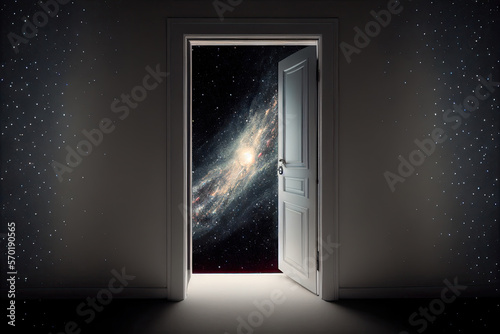 Open door stretching into space galaxy background. Magic portal to another world. Concept of dreams and freedom. Created with Generative AI