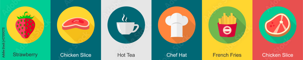A set of 6 Food icons as strawberry, chicken slice, hot tea A set of 6 Food icons as strawberry, chicken slice, hot tea
