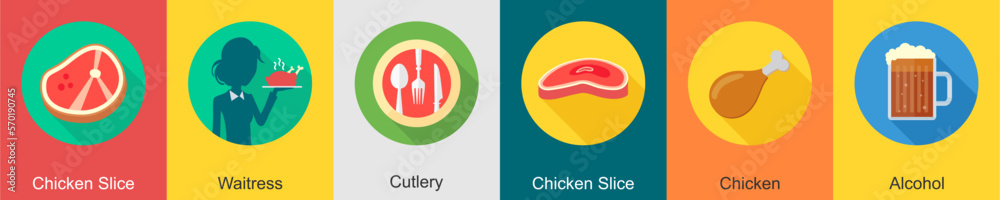 A set of 6 Food icons as chicken slice, waitress, cutlery