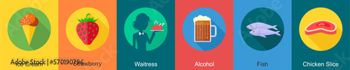 A set of 6 Food icons as ice cream, strawberry, waitress