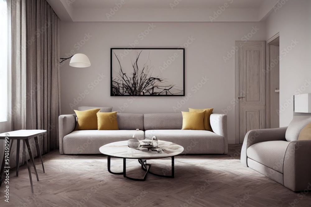 Fototapeta premium Elegant and comfortable designed living room with big corner sofa. Interior design modern apartment. Generative AI.