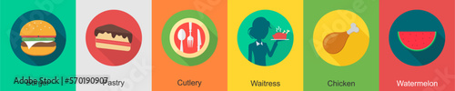 A set of 6 Food icons as burger, pastry, cutlery