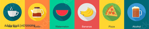 A set of 6 Food icons as hot tea, kettle, watermelon