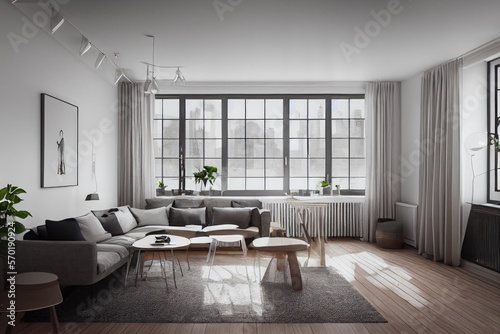 Stylish scandinavian composition of living room with design armchair  mock up poster frame  personal accessories in modern home decor. Generative AI.