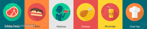 A set of 6 Food icons as chicken slice, pastry, waitress