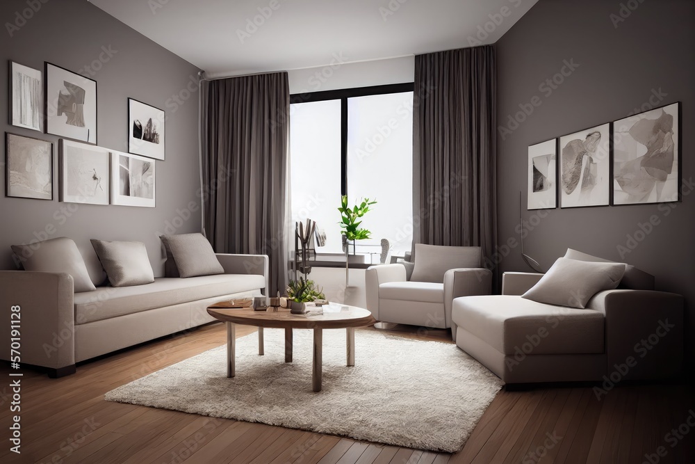 Fototapeta premium Elegant and comfortable designed living room with big corner sofa. Interior design modern apartment. Generative AI.