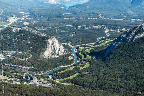 view from Banff Gondola terminal on Sulphur Mountain in Alberta Canada showing Bow River and Tunnel Mountain with Lake Minnewanka in the background