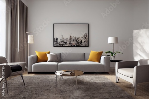 Elegant and comfortable designed living room with big corner sofa. Interior design modern apartment. Generative AI.