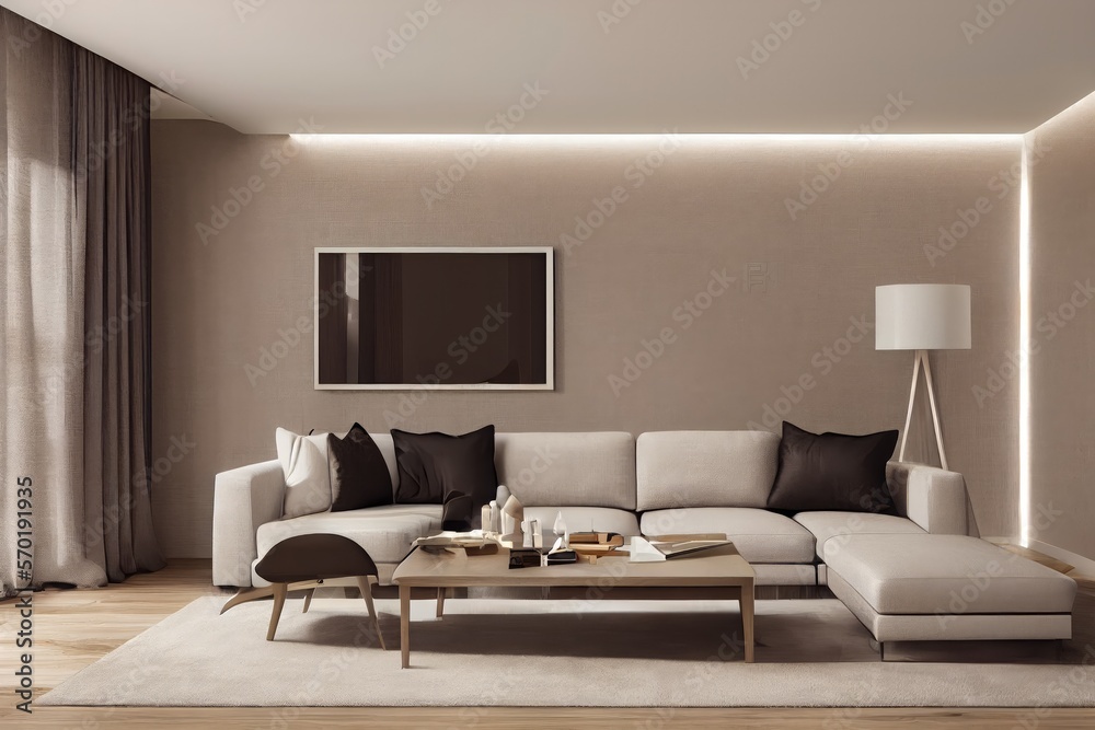 Fototapeta premium Elegant and comfortable designed living room with big corner sofa. Interior design modern apartment. Generative AI.