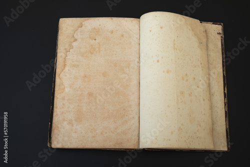 Top view of an old open book with blank pages on a dark background as copy space, retro toned image. Open book on dark background