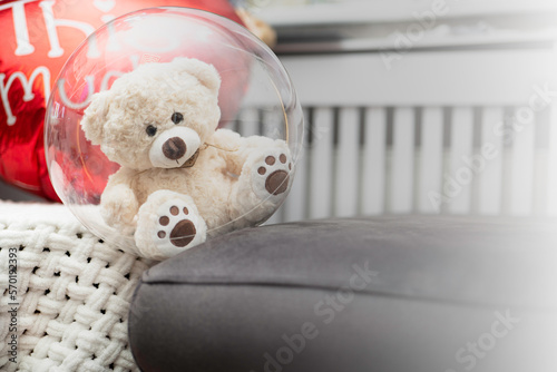 Cute teddy soft bear with red heart. Valentine's day or 8 March celebration