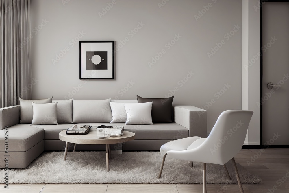 Elegant and comfortable designed living room with big corner sofa. Interior design modern apartment. Generative AI.