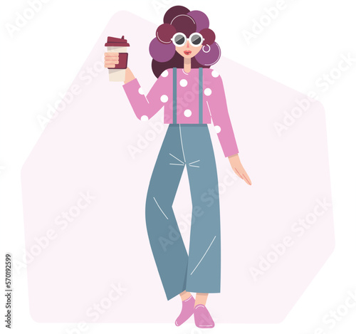 A woman stands and holds a cup of coffee or tea in her hand. Vector flat illustration of a girl with a hot drink in her hand. A woman drinks while enjoying a hot drink. Isolated on white background.