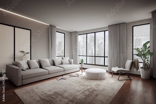 Elegant and comfortable designed living room with big corner sofa. Interior design modern apartment. Generative AI.