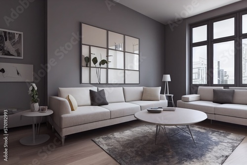 Elegant and comfortable designed living room with big corner sofa. Interior design modern apartment. Generative AI.