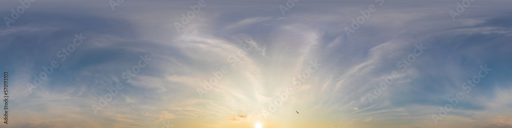 Blue summer sky panorama with light Cirrus clouds. Hdr seamless spherical equirectangular 360 panorama. Sky dome or zenith for 3D visualization and sky replacement for aerial drone 360 panoramas.