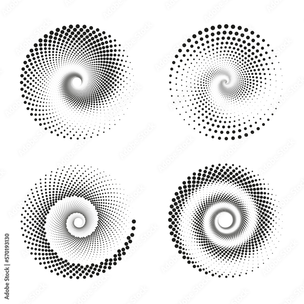 Abstract halftone spiral. Vector halftone dots background for design banners, posters, business projects, pop art texture, covers. geometric black and white texture