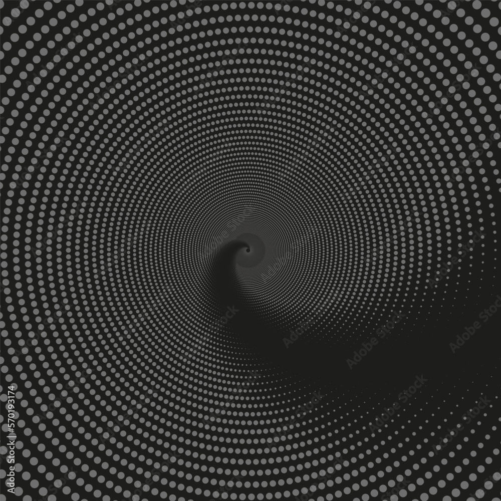 Abstract halftone pattern in the form of spiral. Vector halftone dots background for design banners, posters, business projects, pop art texture, covers. Geometric black and gray texture. Abstract halftone pattern in the form of spiral. Vector halftone dots background for design banners, posters, business projects, pop art texture, covers. Geometric black and gray texture.