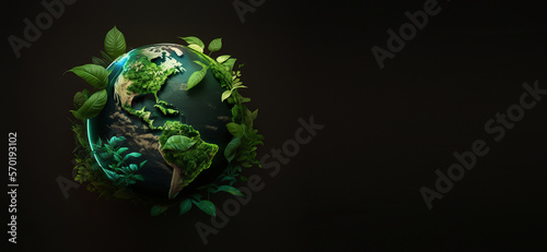 Fototapeta Naklejka Na Ścianę i Meble -  Green world on dark background with Copy space, Earth day, Environment protection concept. Generative Ai