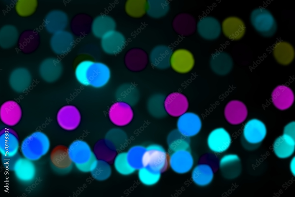 Round, bright, blurry garland lights. Abstract illustration of colorful bokeh lights on a dark background.