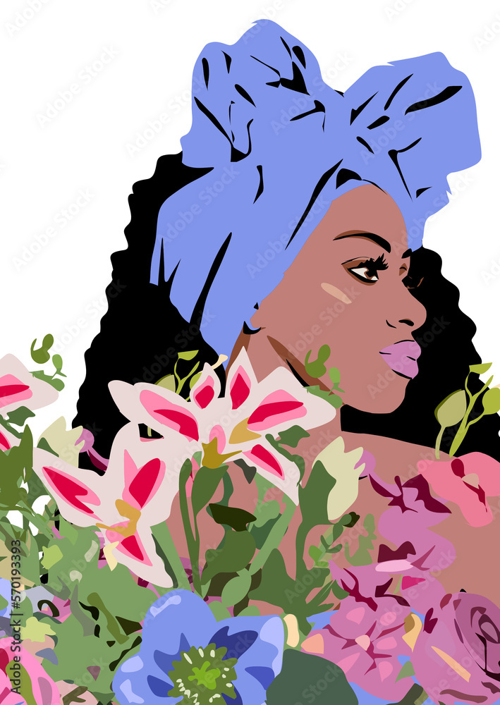 Beautiful black girl with flowers. woman in nature Stock Illustration ...