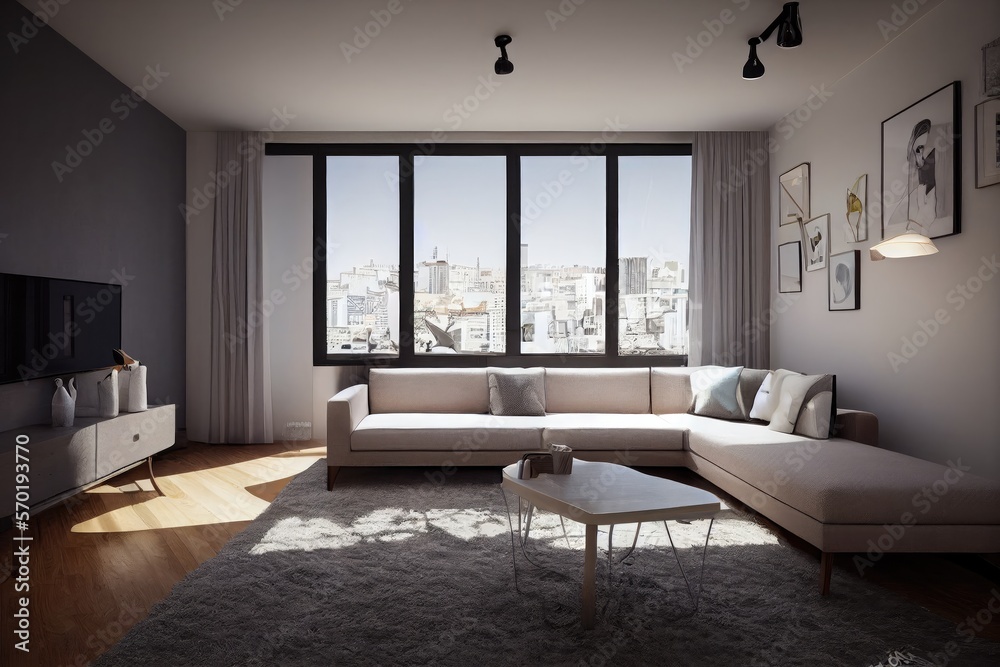 Elegant and comfortable designed living room with big corner sofa. Interior design modern apartment. Generative AI. Elegant and comfortable designed living room with big corner sofa. Interior design modern apartment. Generative AI.