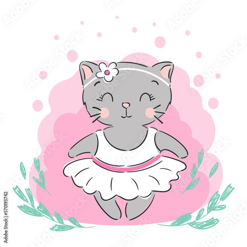 Cute lovely little kitty cat in white dress. Can be used for t-shirt print, kids wear fashion design, baby shower invitation card.