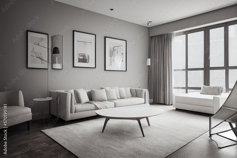 Fototapeta premium Elegant and comfortable designed living room with big corner sofa. Interior design modern apartment. Generative AI.