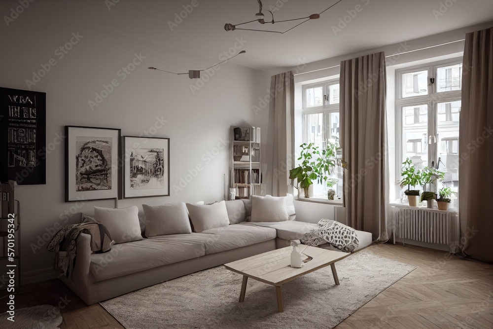 Fototapeta premium Stylish scandinavian composition of living room with design armchair, mock up poster frame, personal accessories in modern home decor. Generative AI.