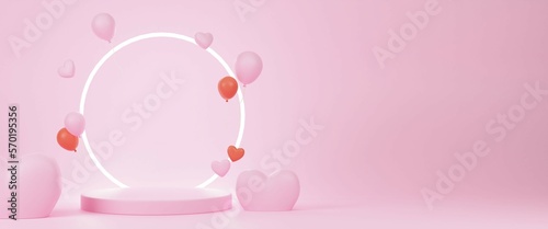 Happy Valentine's Day holiday banner. Greeting background with abstract 3d composition for Valentine's Day. 3d render illustration with hearts, balloons on podium with neon circle.