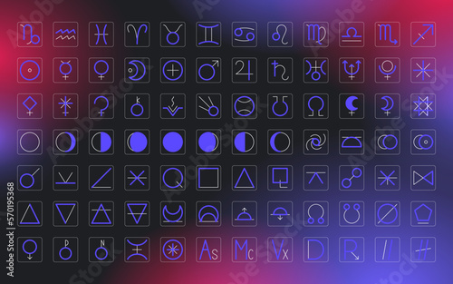 Zodiac, astrology elements, solar system, moon phases horoscope thin line label linear design esoteric stylized elements symbols signs. Vector illustration icons