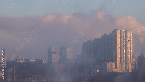 Kyiv, Ukraine January 19, 2021: Pipes smoke, polluting the air in the city worsening the ecology